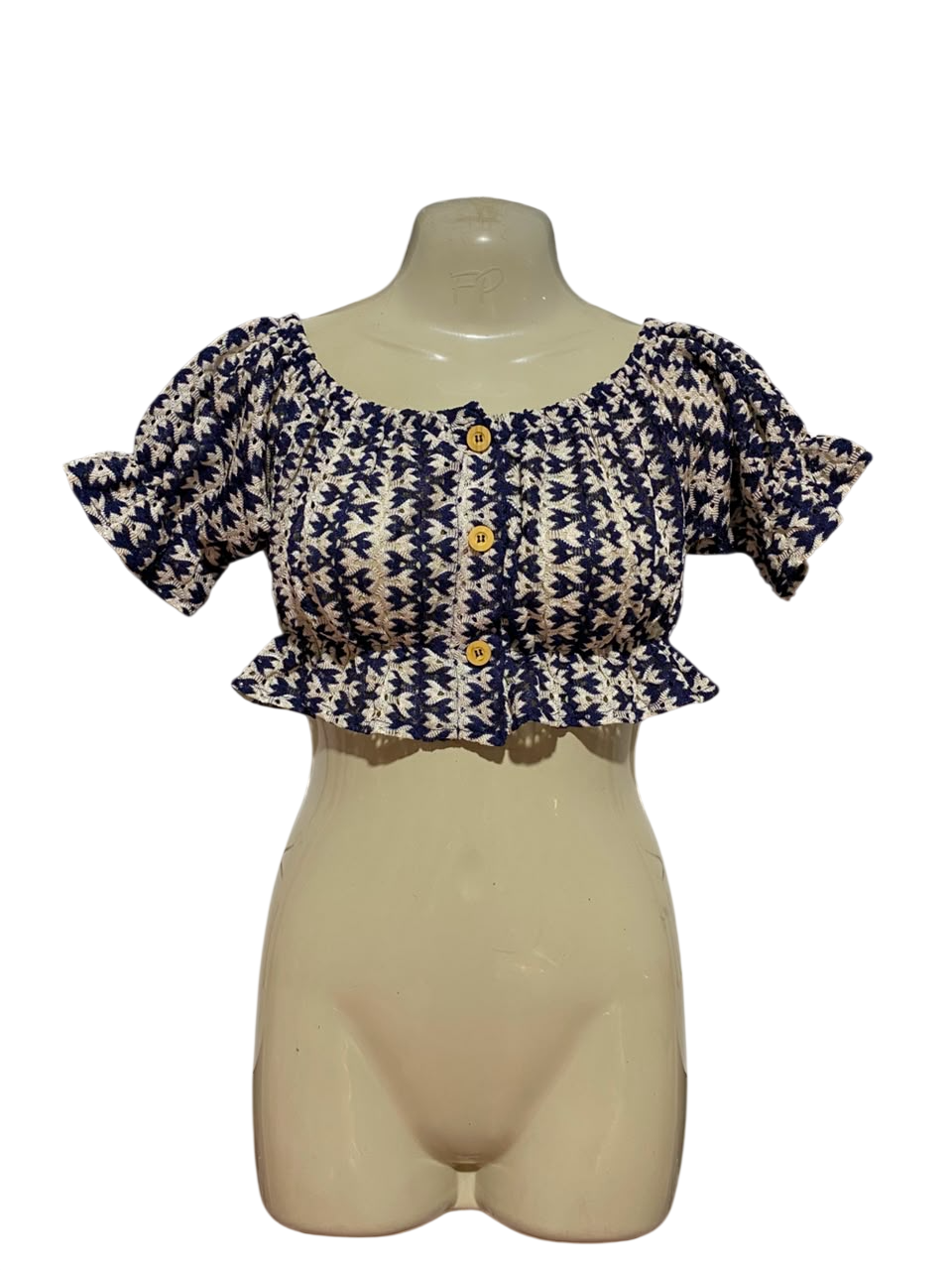 ZARA |S| BUST 17| B35| WOMEN'S GEOMETRIC PATTERN BUTTON-FRONT CROP TOP WITH RUFFLE TRIMS