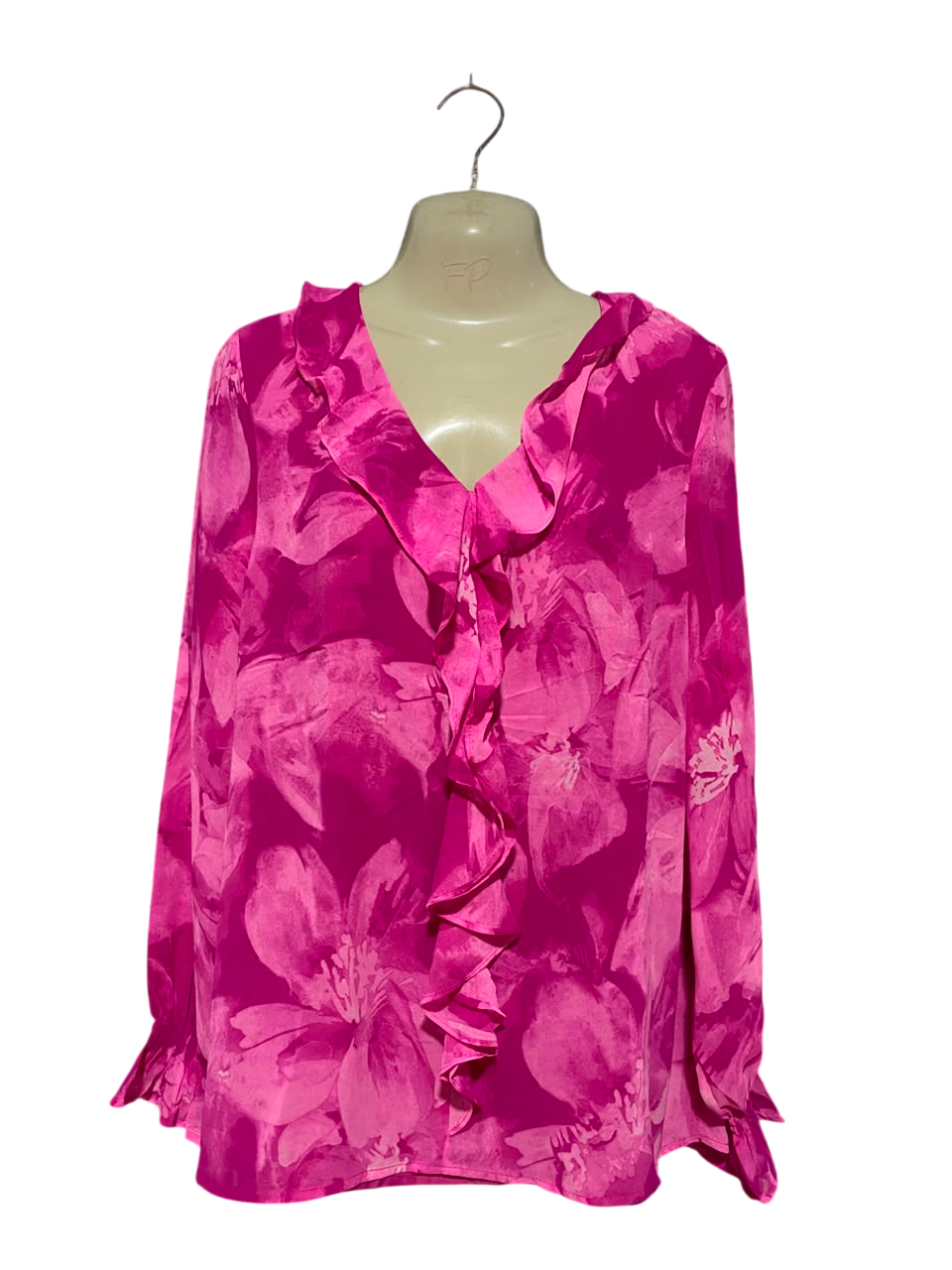 LIZ JORDAN |XL| BUST 22| B35| WOMEN'S FLORAL V-NECK RUFFLE FRONT LONG SLEEVE BLOUSE IN MAGENTA PINK