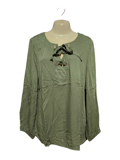 NOW |M| BUST 20| B35| WOMEN'S LACE-UP FRONT LONG SLEEVE BLOUSE IN OLIVE GREEN