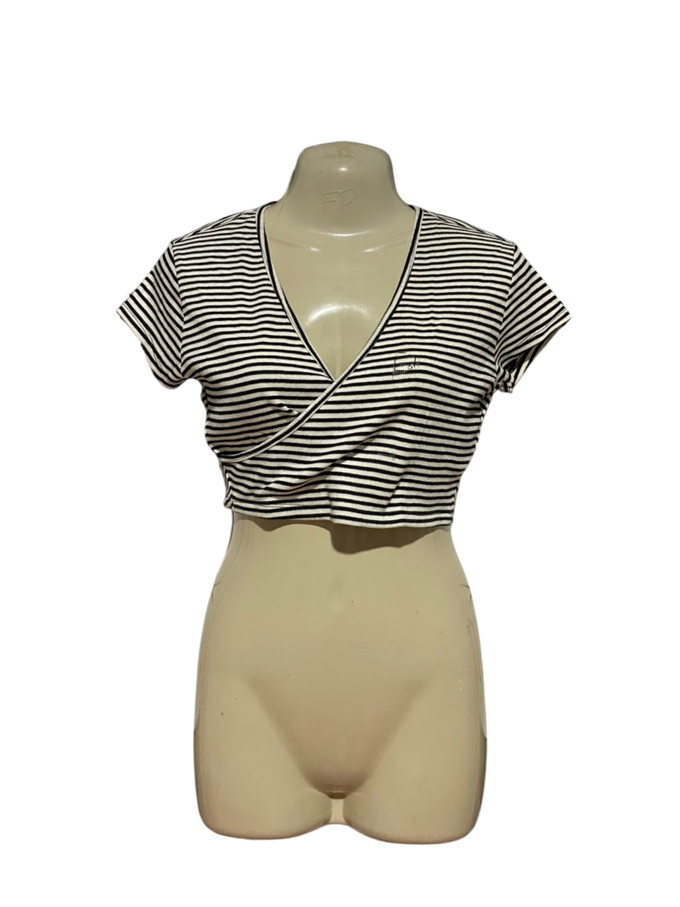 JAY JAYS |S| BUST 15| B35| WOMEN'S HORIZONTAL STRIPED V-NECK WRAP CROP TOP IN BLACK AND WHITE