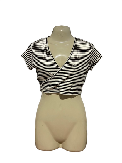 JAY JAYS |S| BUST 15| B35| WOMEN'S HORIZONTAL STRIPED V-NECK WRAP CROP TOP IN BLACK AND WHITE