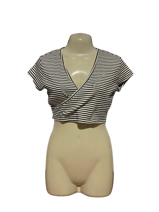 JAY JAYS |S| BUST 15| B35| WOMEN'S HORIZONTAL STRIPED V-NECK WRAP CROP TOP IN BLACK AND WHITE
