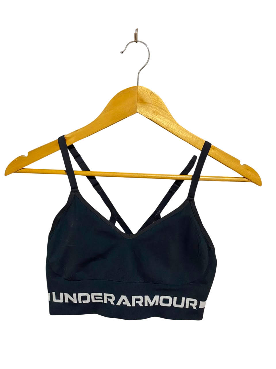 UNDER ARMOUR |S| BUST 13| B35| WOMEN'S SEAMLESS STRAPPY SPORTS BRA IN BLACK WITH WHITE BRANDED BAND