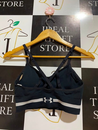 UNDER ARMOUR |S| BUST 13| B35| WOMEN'S SEAMLESS STRAPPY SPORTS BRA IN BLACK WITH WHITE BRANDED BAND