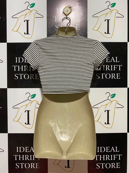 JAY JAYS |S| BUST 15| B35| WOMEN'S HORIZONTAL STRIPED V-NECK WRAP CROP TOP IN BLACK AND WHITE