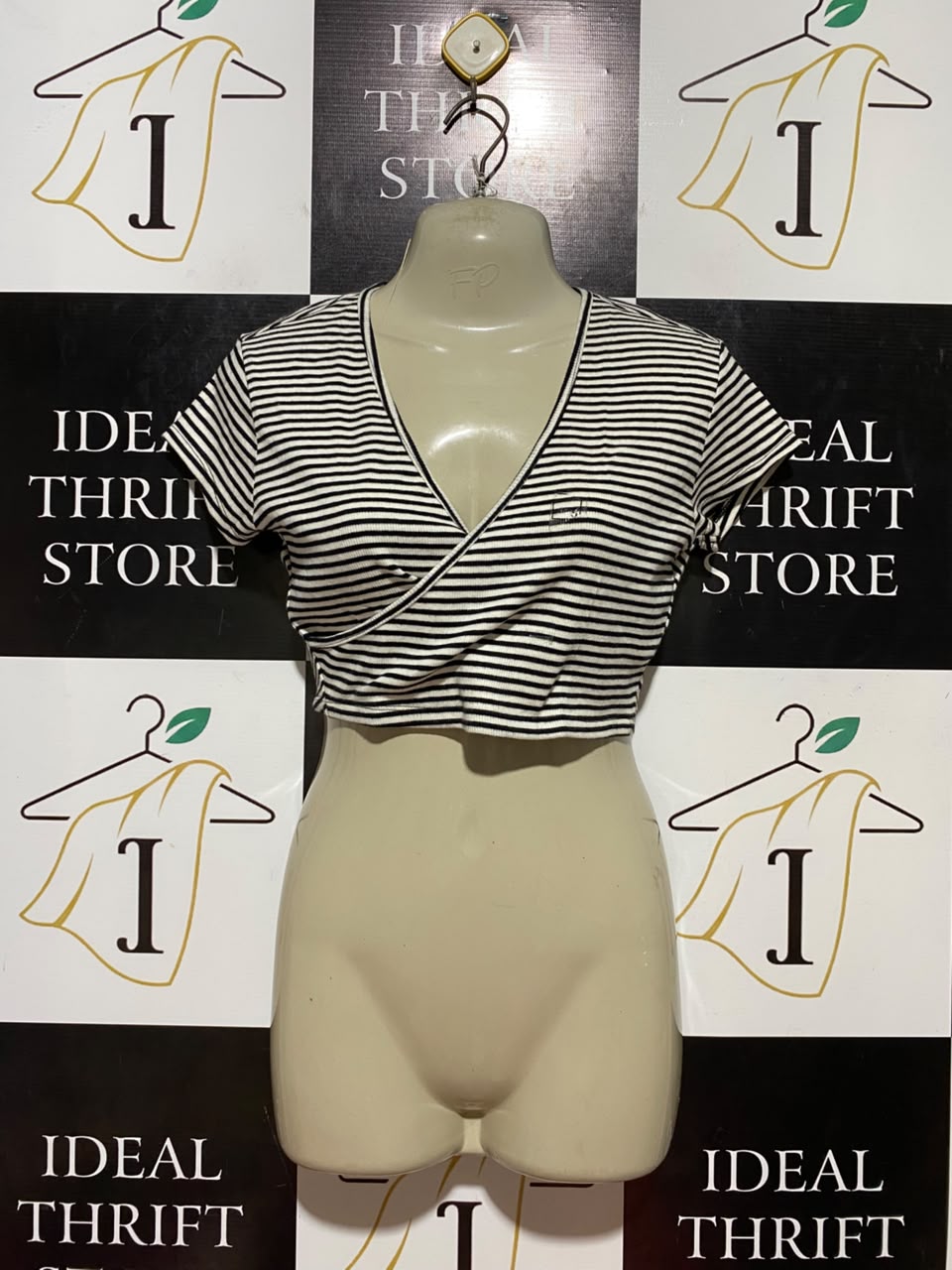 JAY JAYS |S| BUST 15| B35| WOMEN'S HORIZONTAL STRIPED V-NECK WRAP CROP TOP IN BLACK AND WHITE