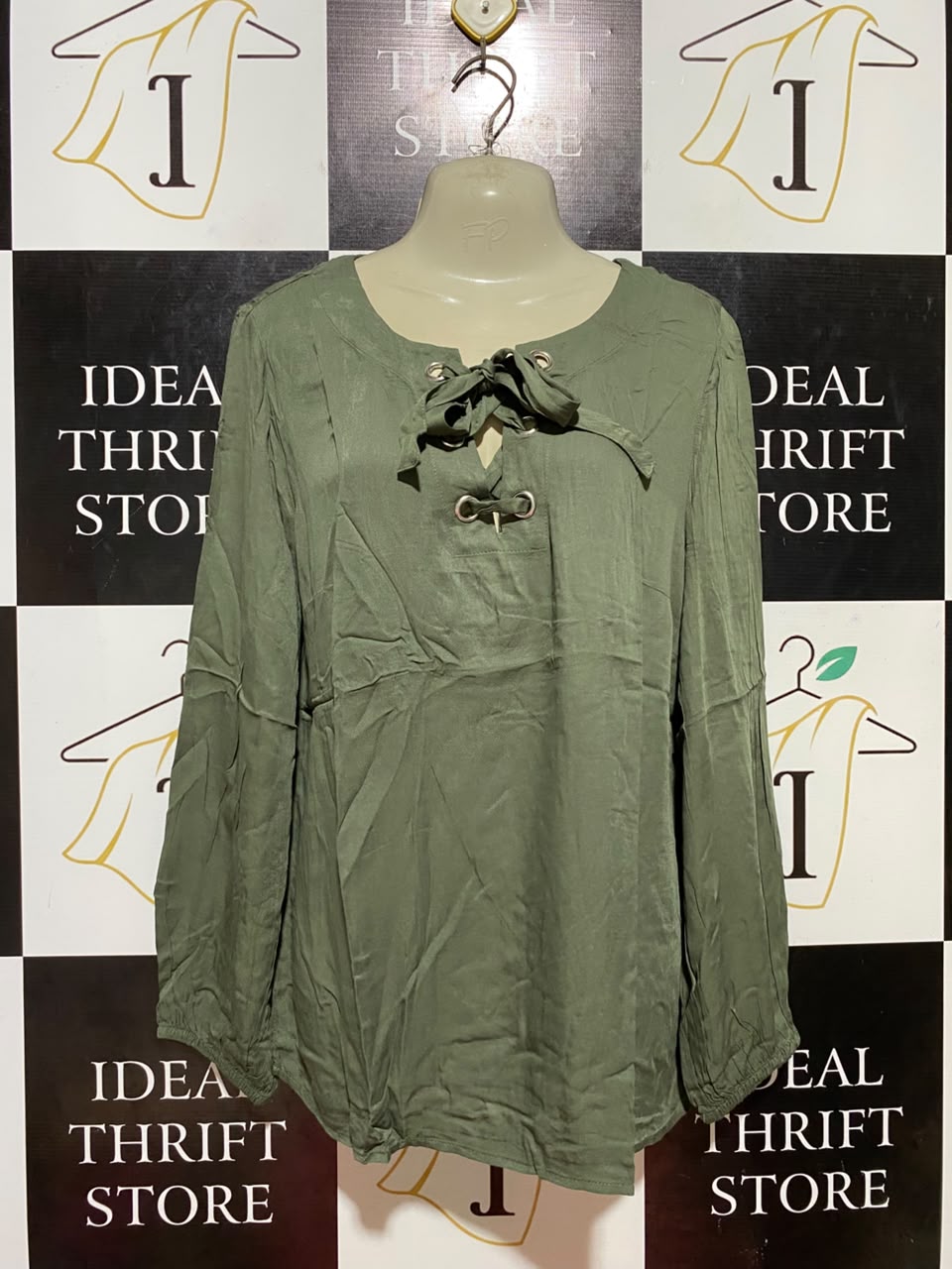 NOW |M| BUST 20| B35| WOMEN'S LACE-UP FRONT LONG SLEEVE BLOUSE IN OLIVE GREEN