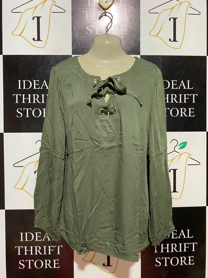 NOW |M| BUST 20| B35| WOMEN'S LACE-UP FRONT LONG SLEEVE BLOUSE IN OLIVE GREEN