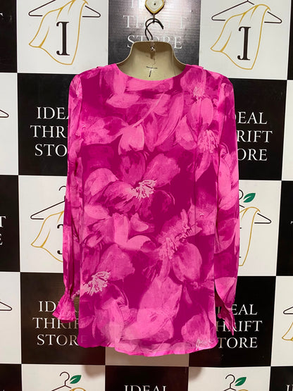 LIZ JORDAN |XL| BUST 22| B35| WOMEN'S FLORAL V-NECK RUFFLE FRONT LONG SLEEVE BLOUSE IN MAGENTA PINK