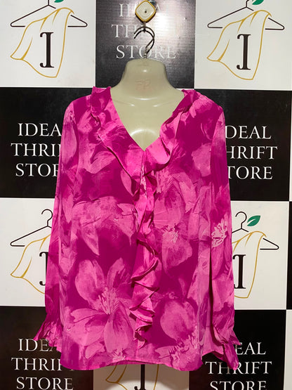 LIZ JORDAN |XL| BUST 22| B35| WOMEN'S FLORAL V-NECK RUFFLE FRONT LONG SLEEVE BLOUSE IN MAGENTA PINK