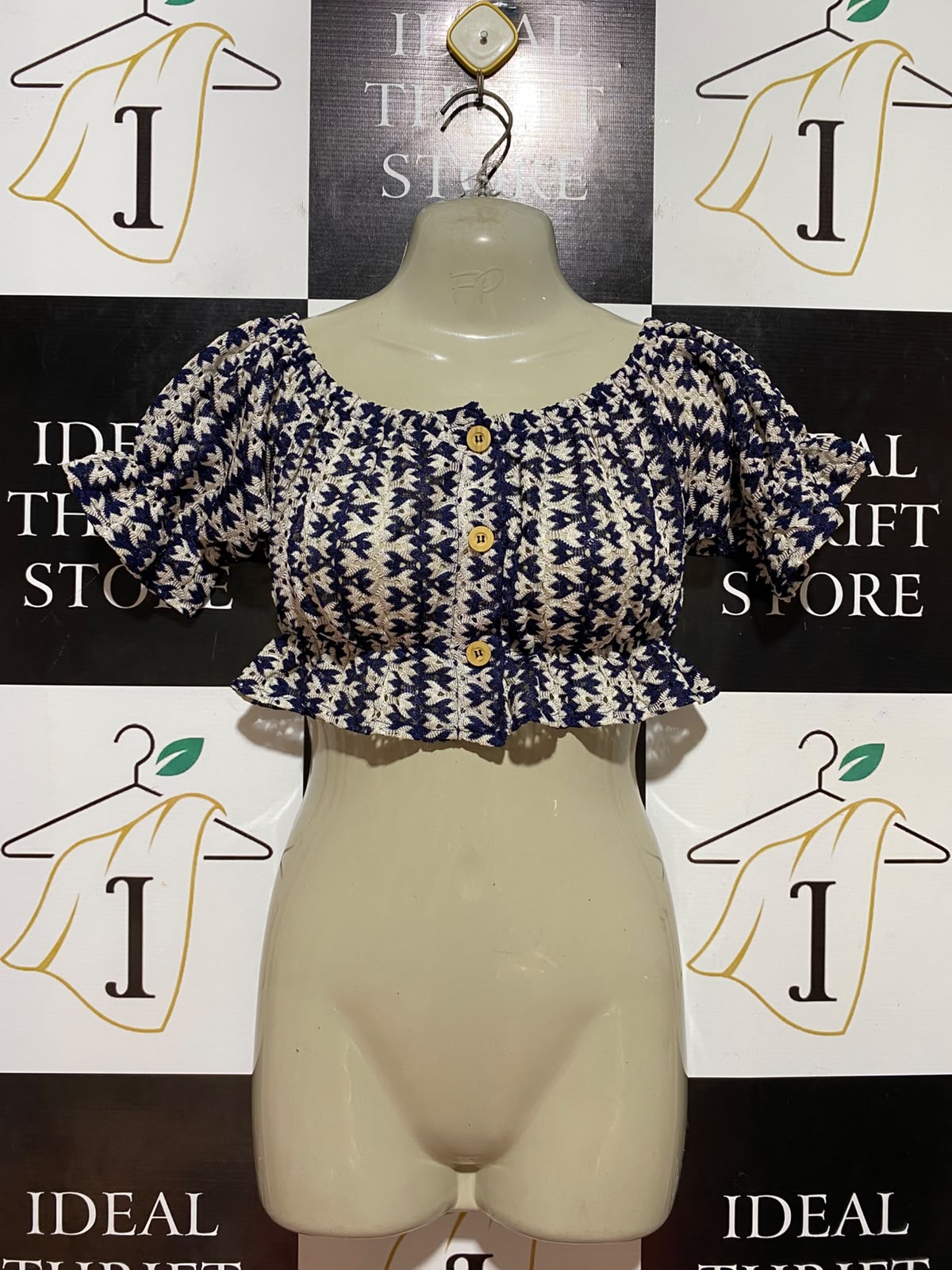 ZARA |S| BUST 17| B35| WOMEN'S GEOMETRIC PATTERN BUTTON-FRONT CROP TOP WITH RUFFLE TRIMS