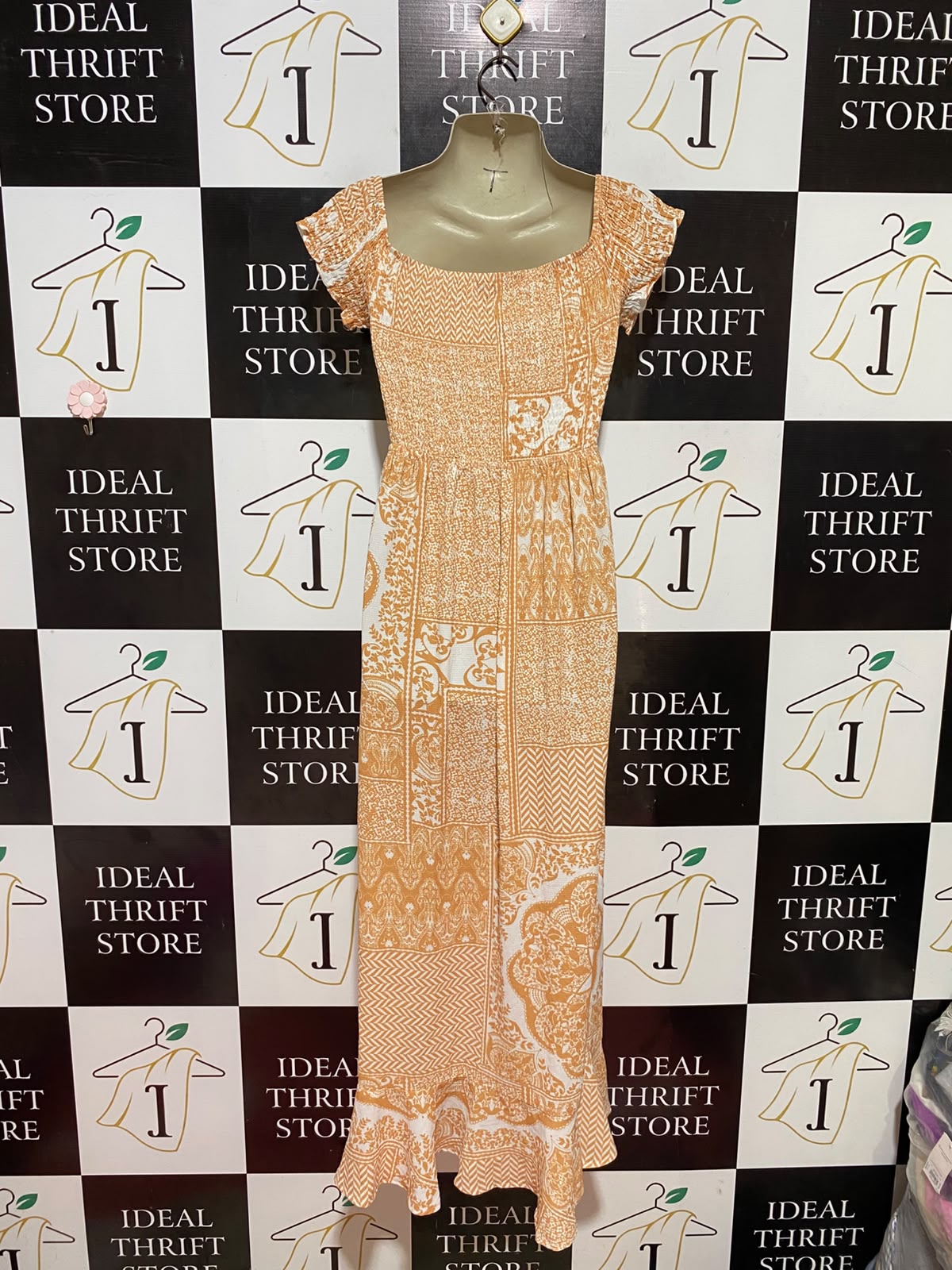 MIA |M| BUST 16| B35| WOMEN'S BOHO SMOCKED MAXI DRESS WITH RUFFLE HIGH-LOW HEM IN ORANGE AND WHITE