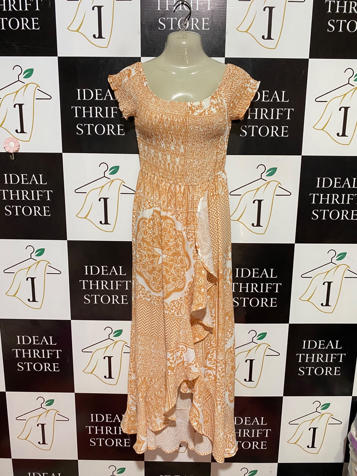 MIA |M| BUST 16| B35| WOMEN'S BOHO SMOCKED MAXI DRESS WITH RUFFLE HIGH-LOW HEM IN ORANGE AND WHITE