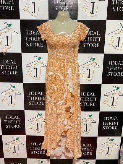 MIA |M| BUST 16| B35| WOMEN'S BOHO SMOCKED MAXI DRESS WITH RUFFLE HIGH-LOW HEM IN ORANGE AND WHITE