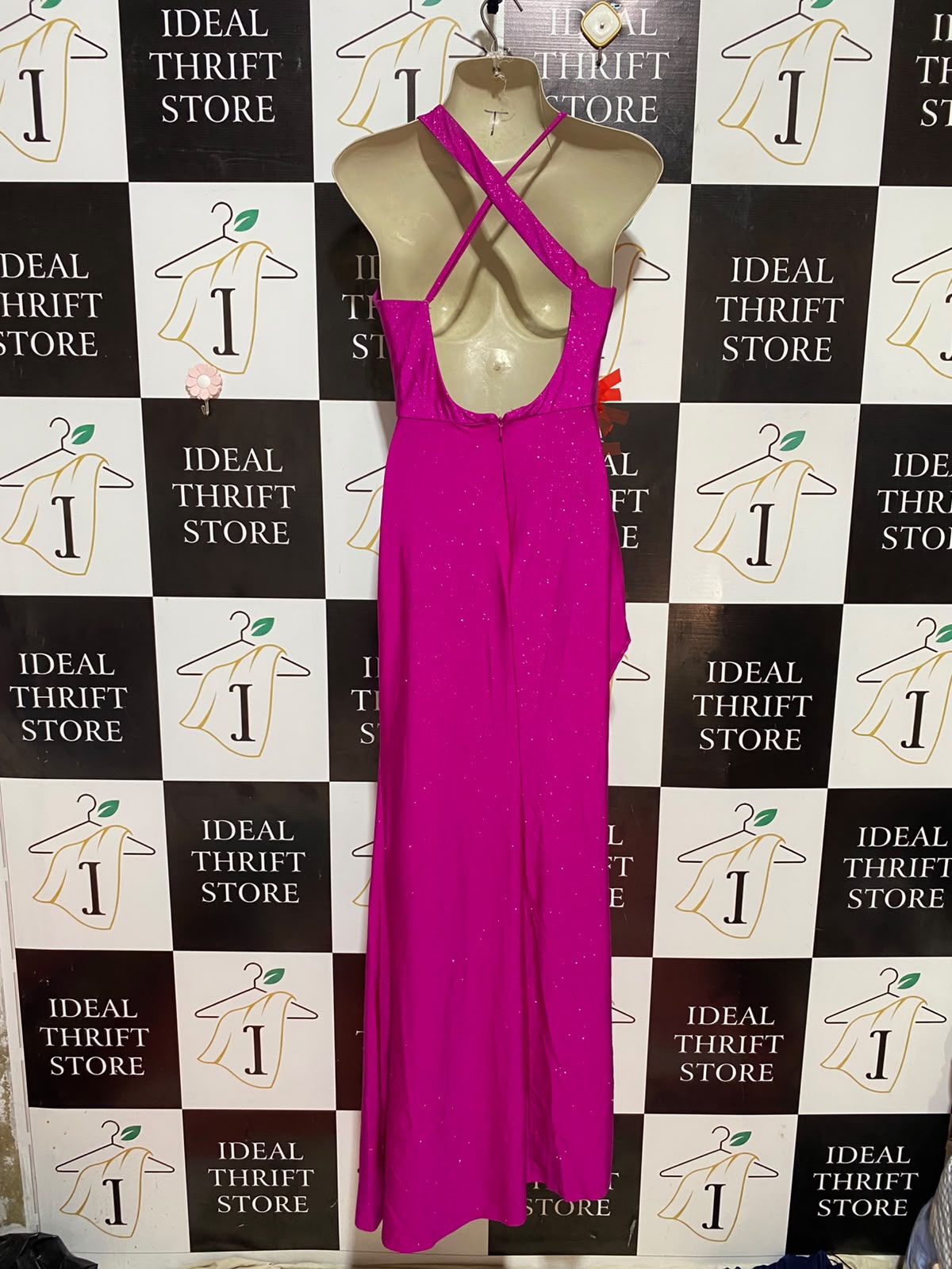 LADIVINE |M| BUST 18| B35| WOMEN'S GLITTER SHIMMER MAXI GOWN WITH DRAPED RUFFLE BODICE IN HOT PINK