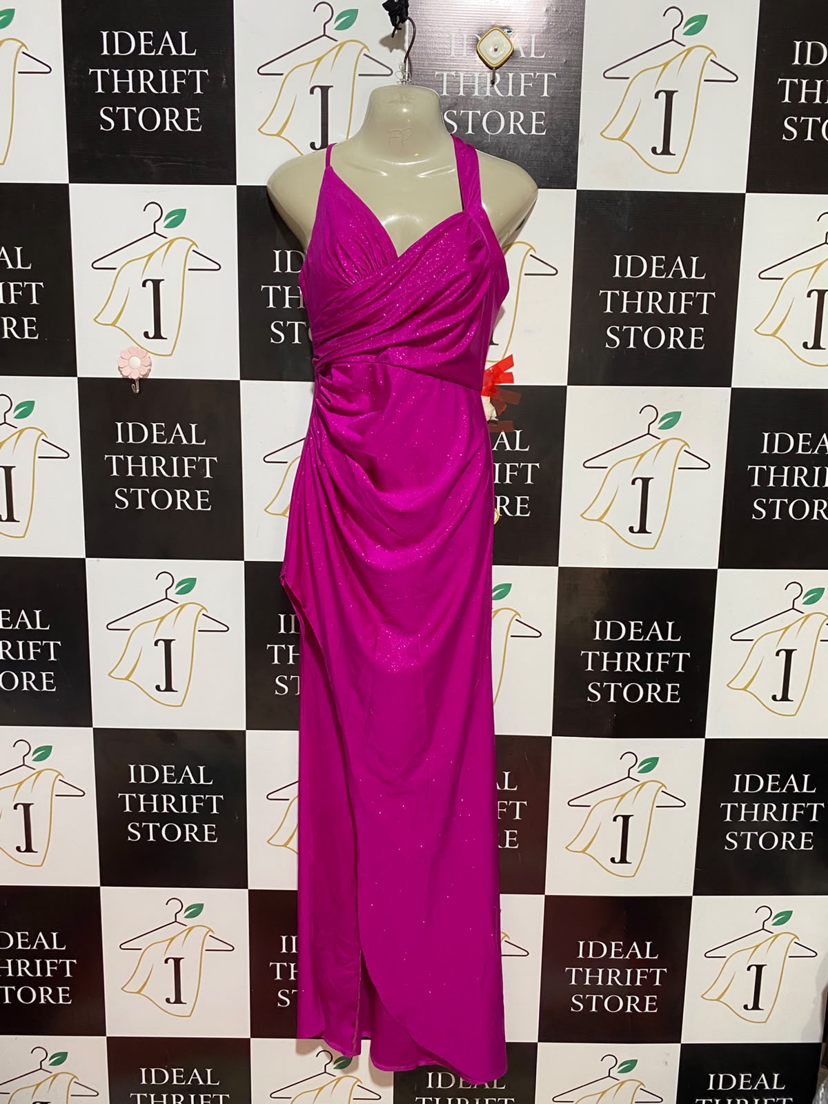LADIVINE |M| BUST 18| B35| WOMEN'S GLITTER SHIMMER MAXI GOWN WITH DRAPED RUFFLE BODICE IN HOT PINK