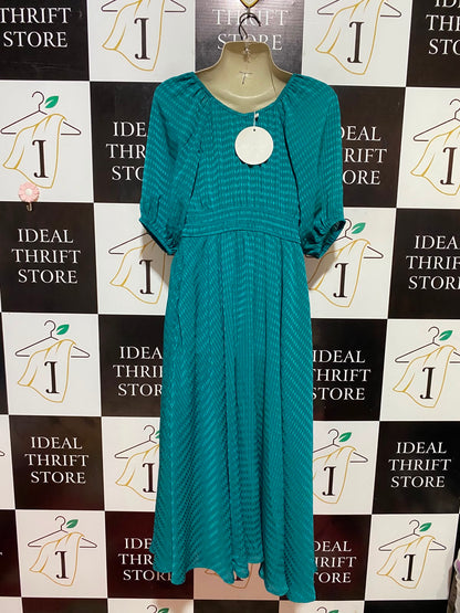 ESTHER & CO |XS| BUST 16| B35| WOMEN'S TEXTURED SMOCKED WAIST MAXI DRESS WITH PUFF SLEEVES IN TEAL GREEN