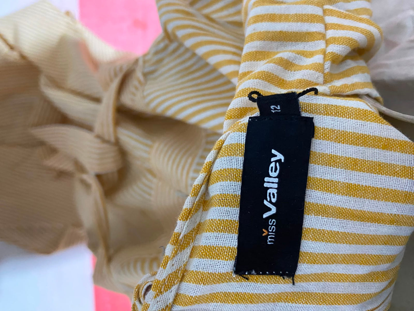 MISS VALLEY |L| BUST 20| B35| WOMEN'S VERTICAL STRIPED V-NECK BUTTON-FRONT MIDI DRESS IN YELLOW AND WHITE