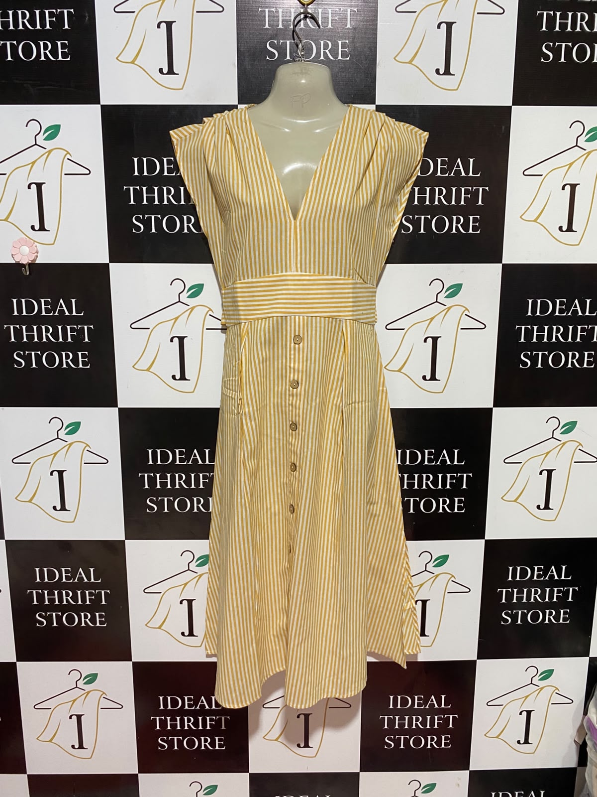 MISS VALLEY |L| BUST 20| B35| WOMEN'S VERTICAL STRIPED V-NECK BUTTON-FRONT MIDI DRESS IN YELLOW AND WHITE