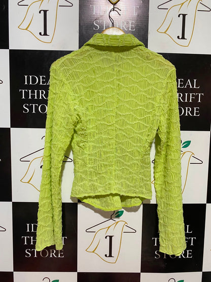 RONNY KOBO |S|BUST 17| B35| WOMEN'S TEXTURED SMOCKED BUTTON-DOWN LONG SLEEVE SHIRT IN LIME GREEN