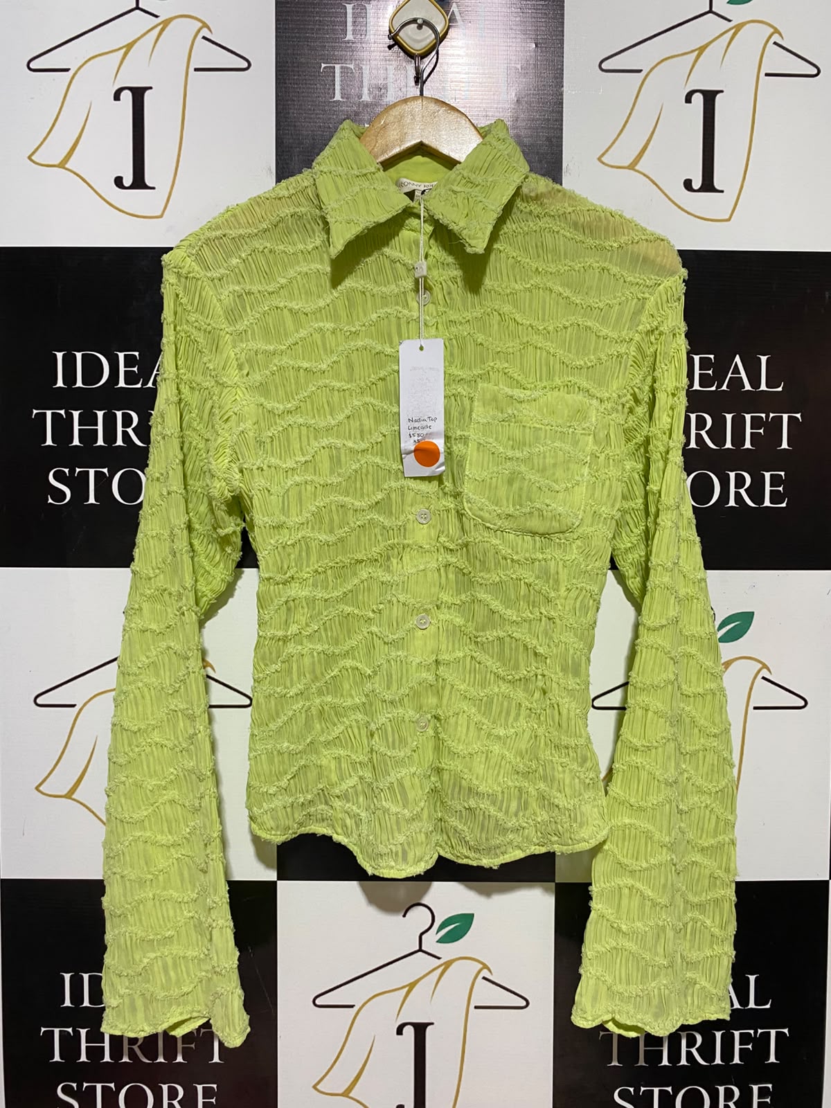 RONNY KOBO |S|BUST 17| B35| WOMEN'S TEXTURED SMOCKED BUTTON-DOWN LONG SLEEVE SHIRT IN LIME GREEN
