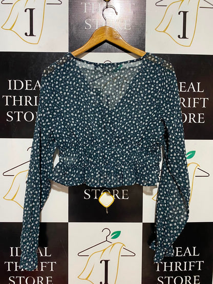 GLASSONS |S| BUST 17| B35| WOMEN'S FLORAL V-NECK BUTTON-FRONT CROP BLOUSE IN DARK TEAL GREEN