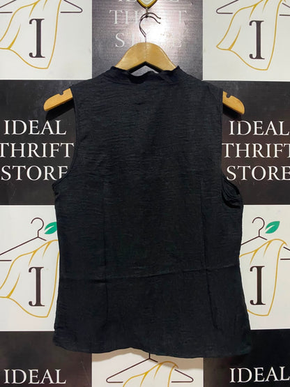 MUSERA |L| BUST 19| B35| WOMEN'S TIE-FRONT RUFFLE-TRIM SLEEVELESS VEST TOP IN BLACK