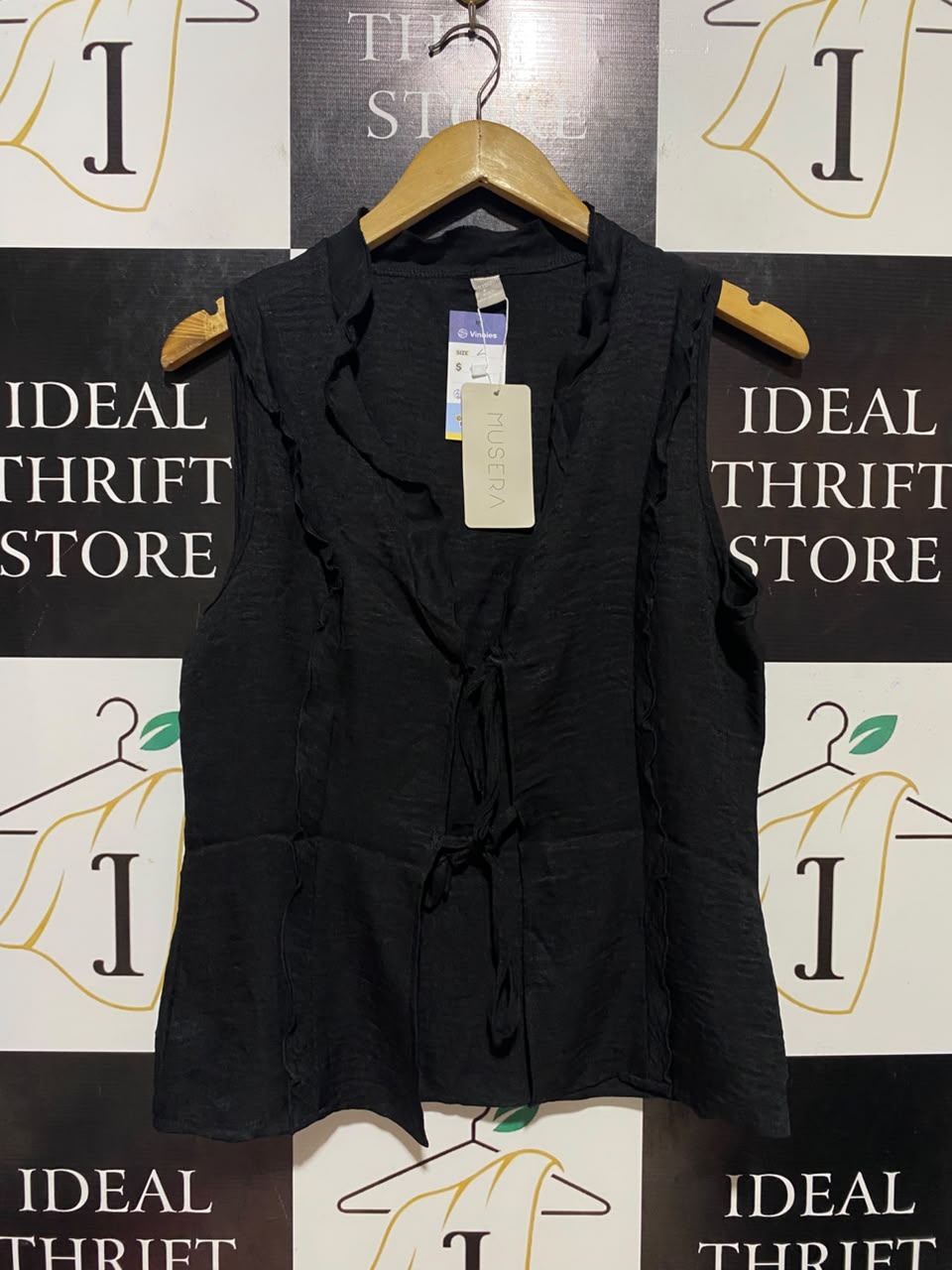 MUSERA |L| BUST 19| B35| WOMEN'S TIE-FRONT RUFFLE-TRIM SLEEVELESS VEST TOP IN BLACK
