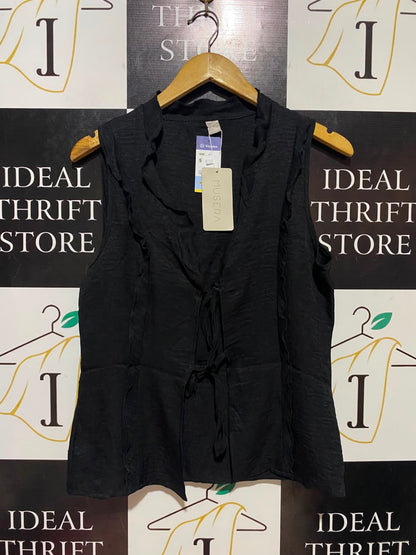 MUSERA |L| BUST 19| B35| WOMEN'S TIE-FRONT RUFFLE-TRIM SLEEVELESS VEST TOP IN BLACK