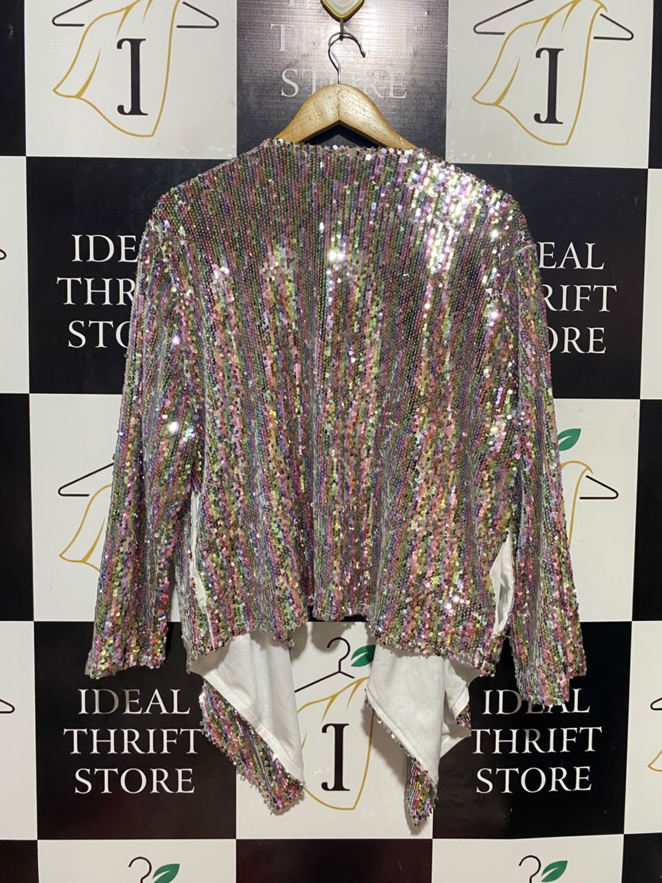 LITTLE PARTY DRESS |XL| BUST 24| B35| WOMEN'S MULTICOLOR SEQUIN OPEN-FRONT CARDIGAN SHROG / JACKET WITH ASYMMETRICAL HEM