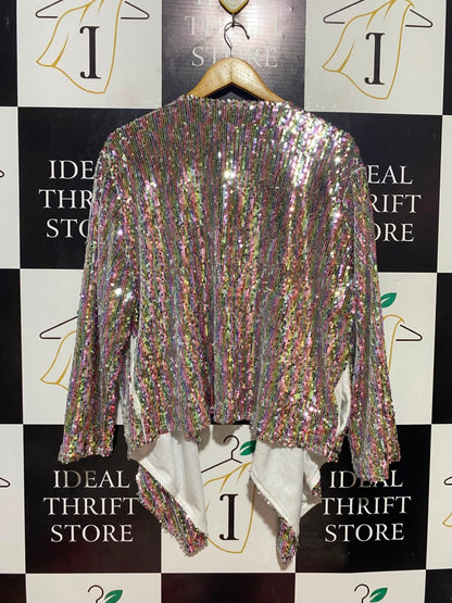 LITTLE PARTY DRESS |XL| BUST 24| B35| WOMEN'S MULTICOLOR SEQUIN OPEN-FRONT CARDIGAN SHROG / JACKET WITH ASYMMETRICAL HEM
