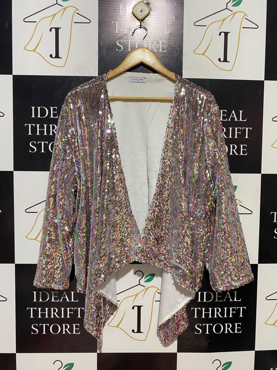 LITTLE PARTY DRESS |XL| BUST 24| B35| WOMEN'S MULTICOLOR SEQUIN OPEN-FRONT CARDIGAN SHROG / JACKET WITH ASYMMETRICAL HEM