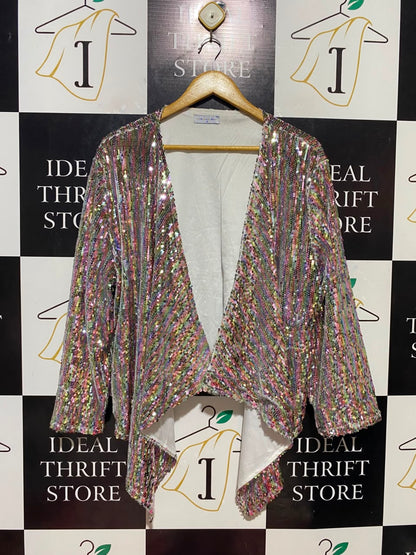 LITTLE PARTY DRESS |XL| BUST 24| B35| WOMEN'S MULTICOLOR SEQUIN OPEN-FRONT CARDIGAN SHROG / JACKET WITH ASYMMETRICAL HEM