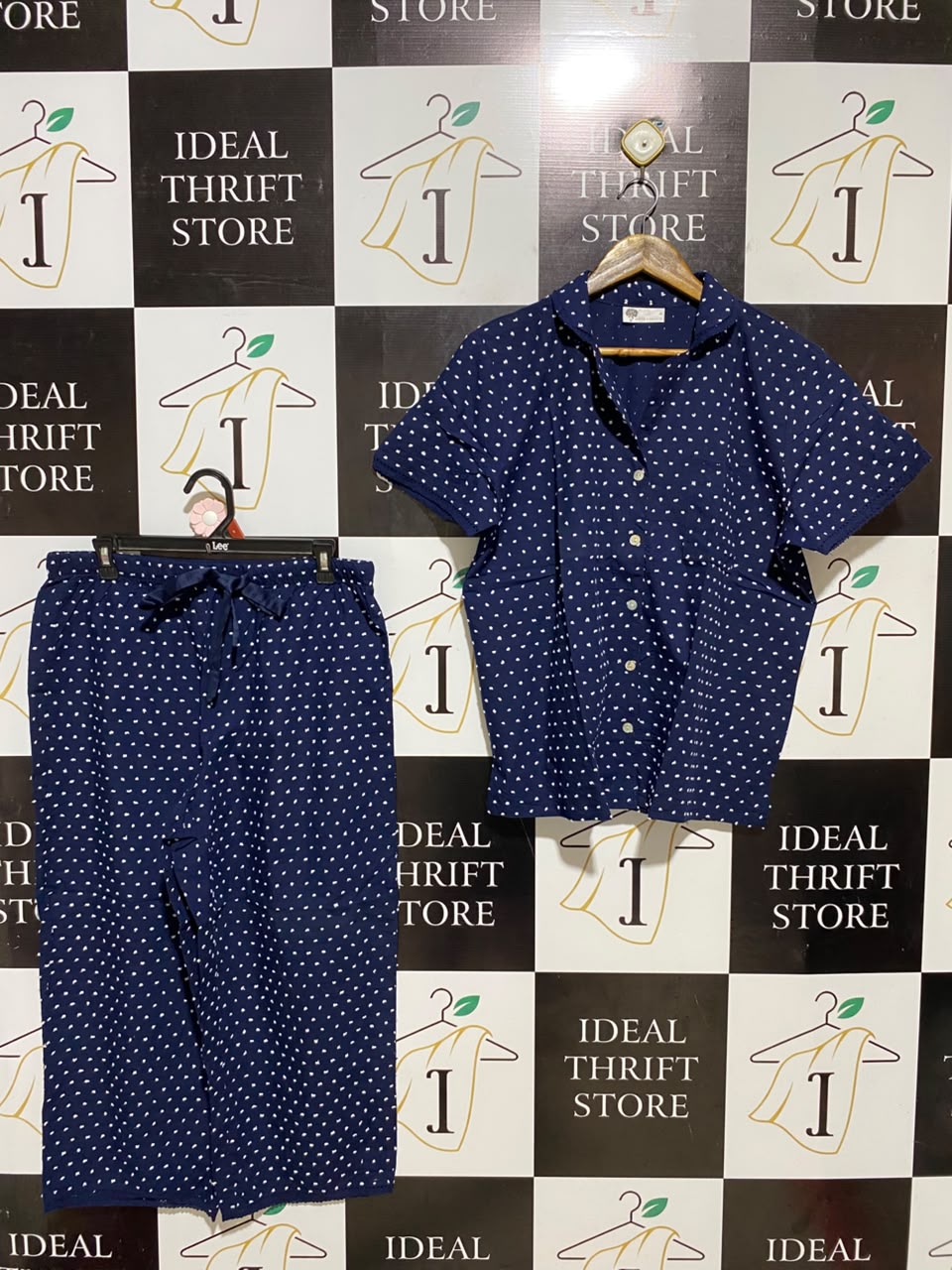 WHITE ROMANCE |M| B35| WOMEN'S 2-PIECE POLKA DOT NIGHTWEAR PYJAMA SET WITH SHORT SLEEVE BUTTON-DOWN SHIRT AND PANTS IN NAVY BLUE