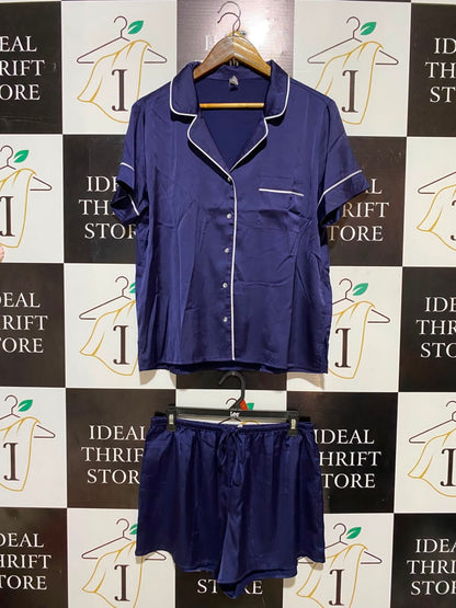 COTTON ON |M| B35| WOMEN'S NAVY BLUE SATIN 2-PIECE SHORT SLEEVE SHORT SET