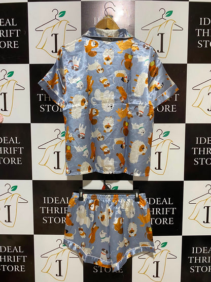 |L| B35| LADIES LUXURY SATIN DOG PRINT PYJAMA SET - BLUE & ORANGE
