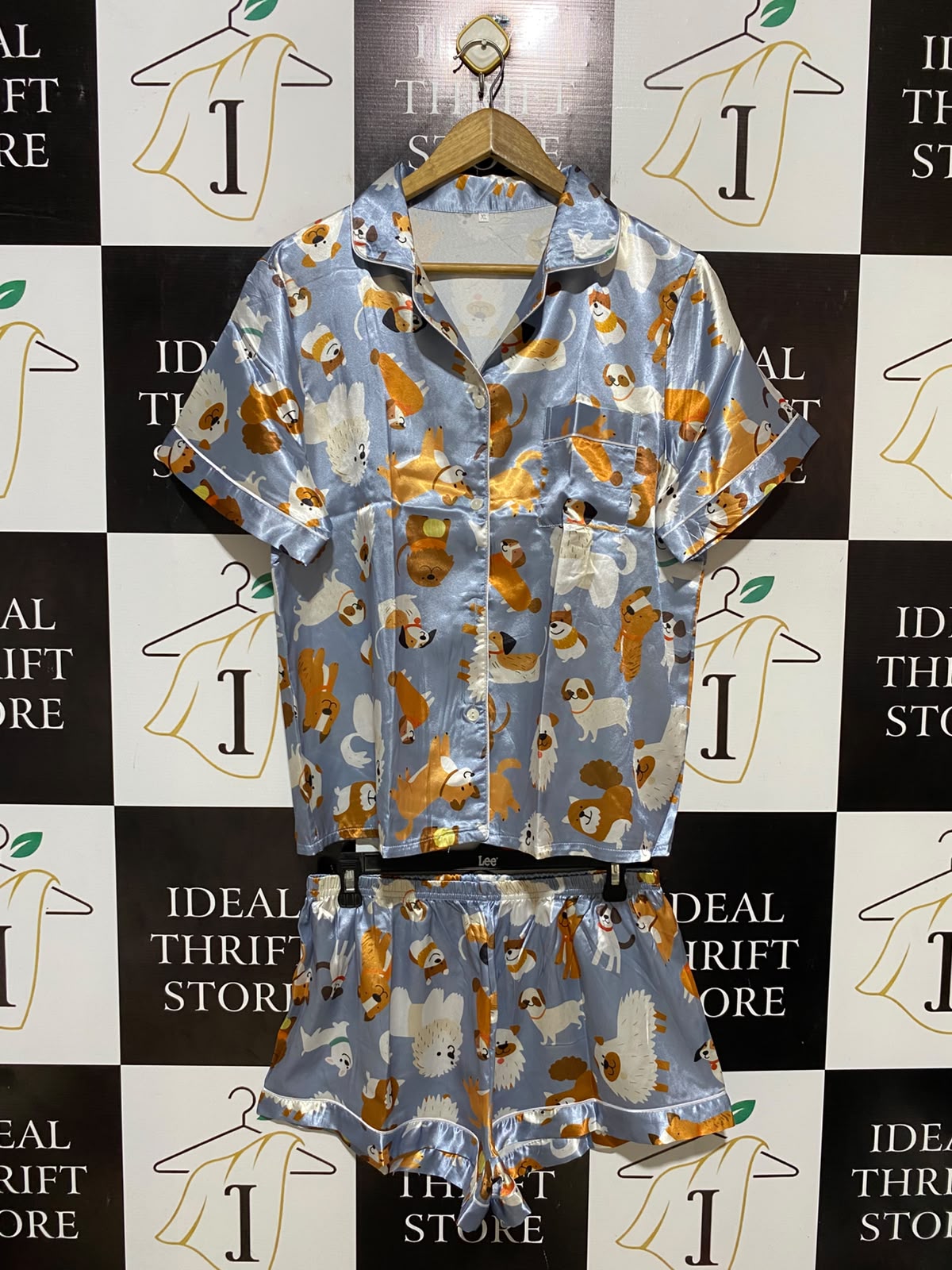|L| B35| LADIES LUXURY SATIN DOG PRINT PYJAMA SET - BLUE & ORANGE
