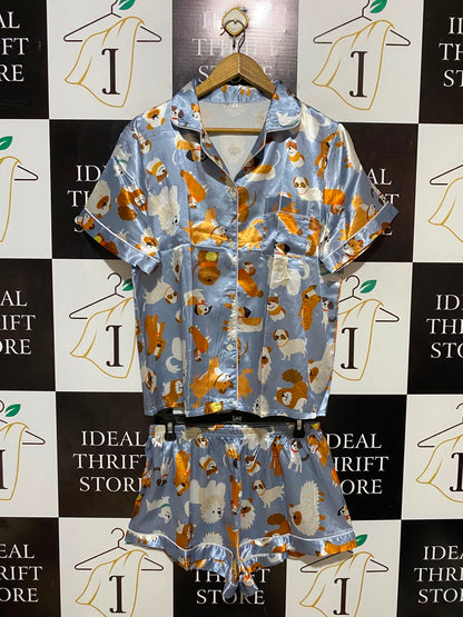 |L| B35| LADIES LUXURY SATIN DOG PRINT PYJAMA SET - BLUE & ORANGE