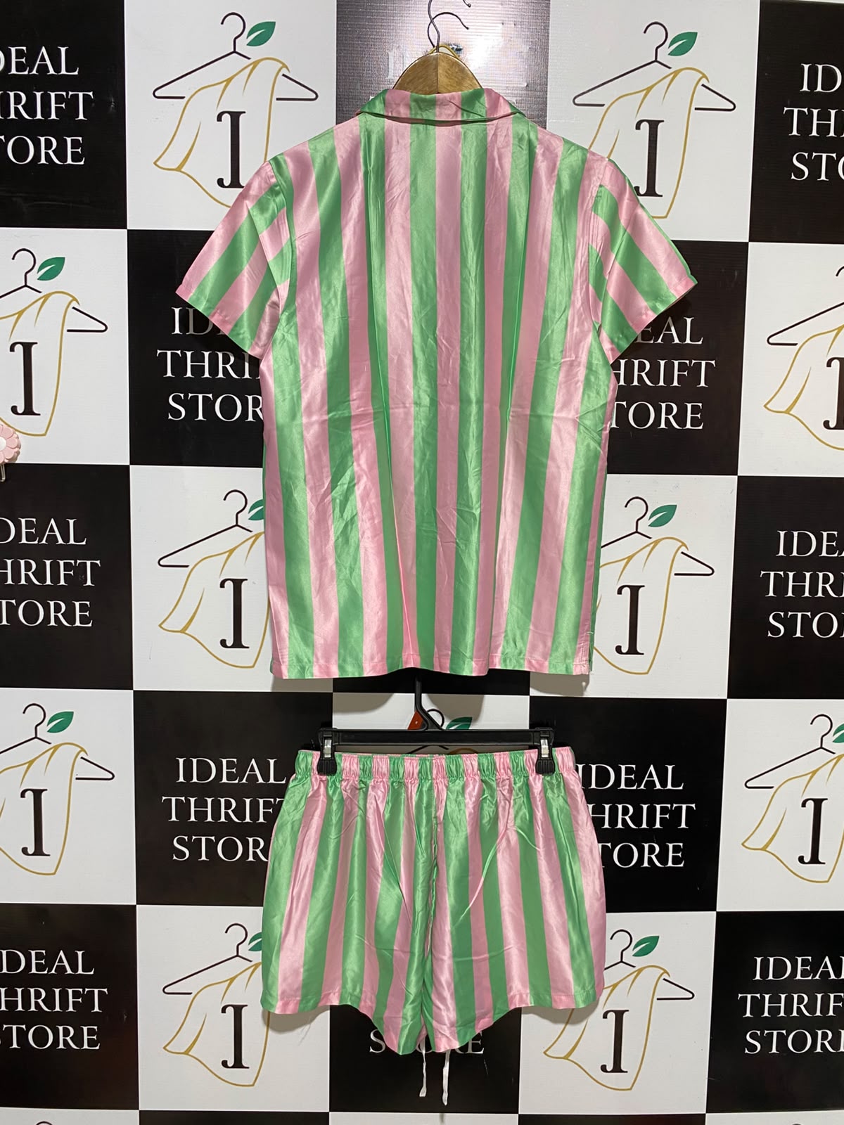 WICKED |M| B35| MOVIE X RETAILER LADIES LUXURY SATIN STRIPED PYJAMA SET - PINK & GREEN