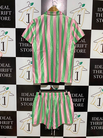 WICKED |M| B35| MOVIE X RETAILER LADIES LUXURY SATIN STRIPED PYJAMA SET - PINK & GREEN