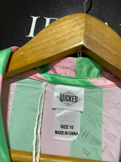 WICKED |M| B35| MOVIE X RETAILER LADIES LUXURY SATIN STRIPED PYJAMA SET - PINK & GREEN