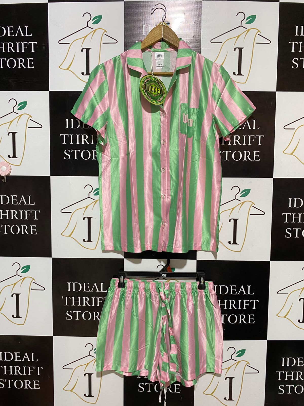WICKED |M| B35| MOVIE X RETAILER LADIES LUXURY SATIN STRIPED PYJAMA SET - PINK & GREEN