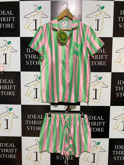 WICKED |M| B35| MOVIE X RETAILER LADIES LUXURY SATIN STRIPED PYJAMA SET - PINK & GREEN
