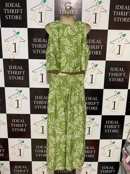 YOURS TRULY |L| B35| PREMIUM LINEN BLEND LEAF PRINT CO-ORD SET - GREEN & WHITE