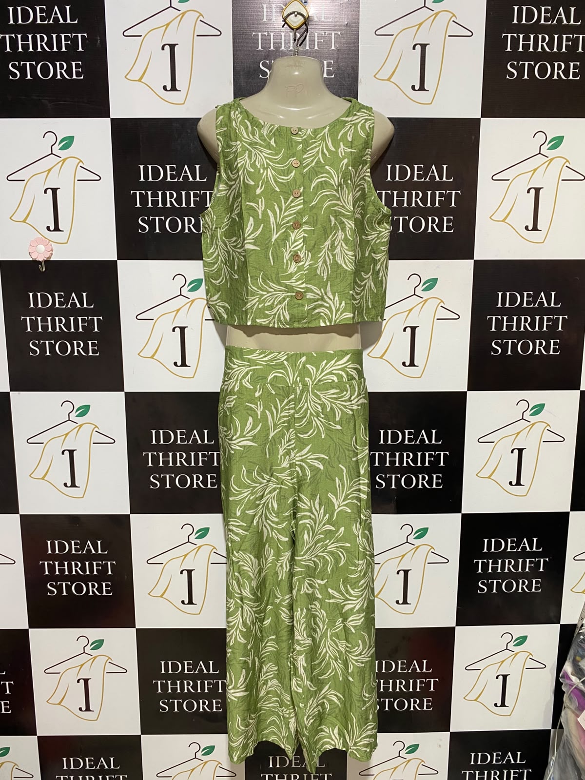 YOURS TRULY |L| B35| PREMIUM LINEN BLEND LEAF PRINT CO-ORD SET - GREEN & WHITE
