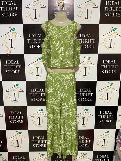 YOURS TRULY |L| B35| PREMIUM LINEN BLEND LEAF PRINT CO-ORD SET - GREEN & WHITE