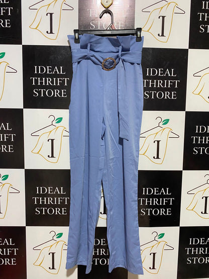 SHEIN |S| WAIST 27| B35| BLUE HIGH-WAISTED PAPERBAG TROUSERS WITH MATCHING BELT AND GOLD BUCKLE