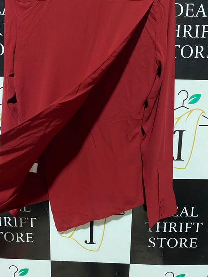 CUE |M| BUST 18| B35| DEEP RED LONG SLEEVE BUTTON-DOWN BLOUSE WITH CROSSOVER ASYMMETRIC HEM
