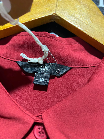 CUE |M| BUST 18| B35| DEEP RED LONG SLEEVE BUTTON-DOWN BLOUSE WITH CROSSOVER ASYMMETRIC HEM