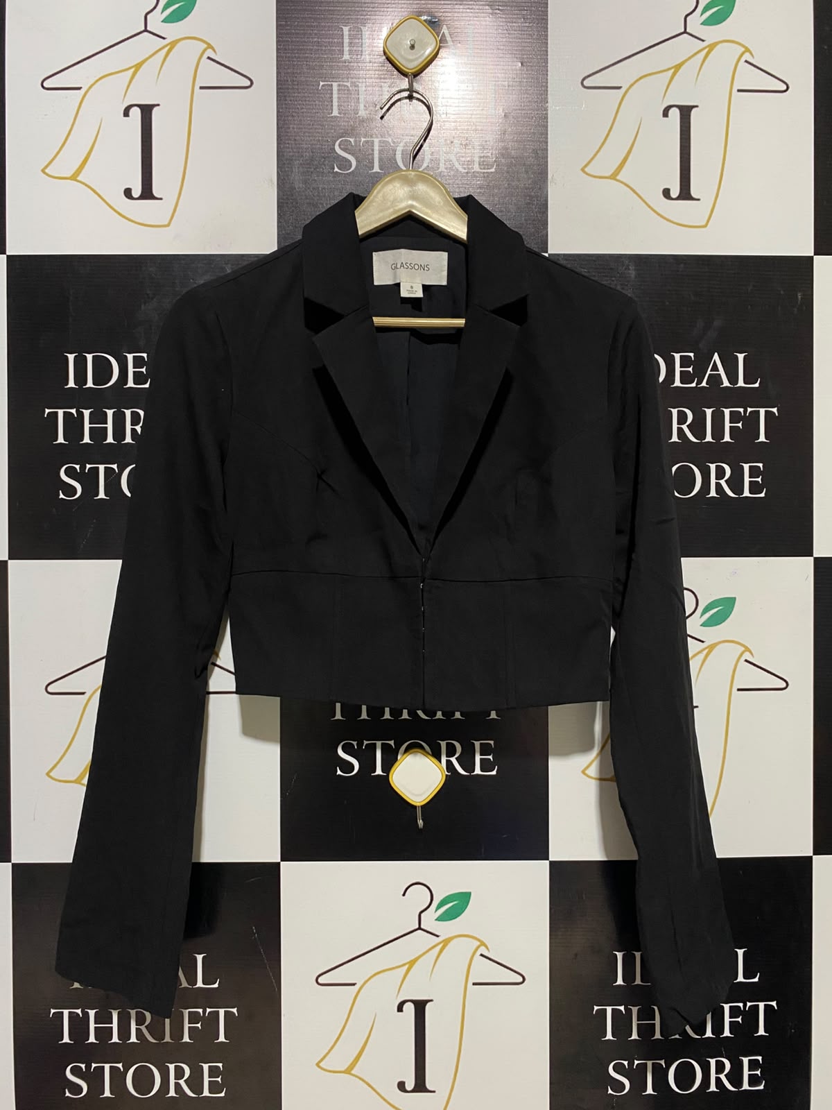 GLASSONS |S| BUST 17| B35| BLACK CROPPED BLAZER JACKET WITH HOOK-AND-EYE CLOSURE